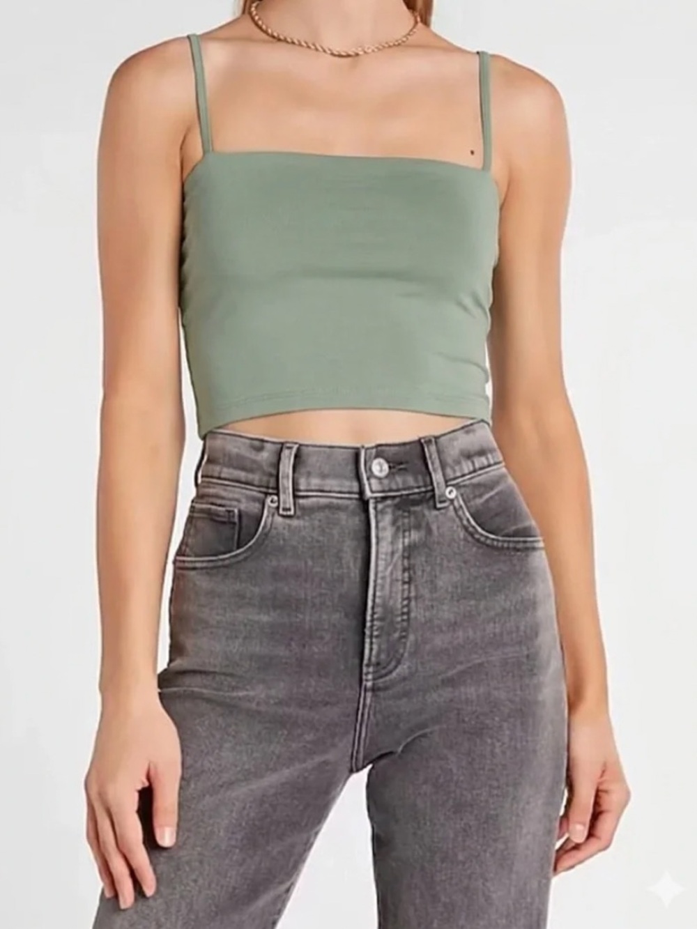 Express Body Contour Silky Square-Neck Crop Camisole in sage green